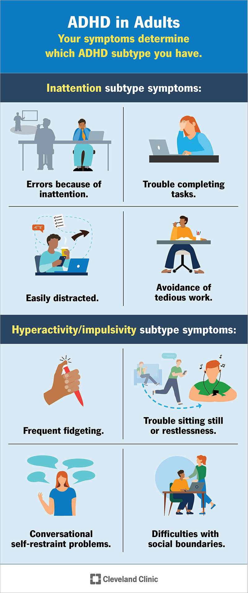 ADHD apima hiperaktyvumo, impulsyvumo ir nedėmesingumo simptomus, kai kurie iš jų yra dažnesni arba matomi nei kiti.